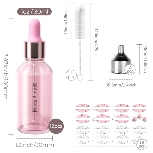 CycleMore 12 Pack 1 oz Pink Glass Boston Bottles with Droppers