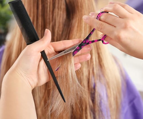 Beauticone Pink Flower Hair Cutting Scissors 6.5" Professional Salon Shears with Serrated & Razor Edge, Lightweight & Ergonomic, Gift Box