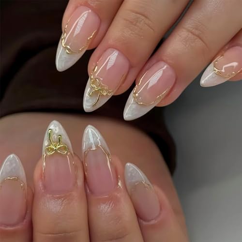 24pcs White French Tip Almond Press-On Nails with 3D Bow