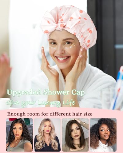 Pink Reusable Waterproof Shower Cap for Women with Adjustable Bowknot - Hair Bath & Hair Care