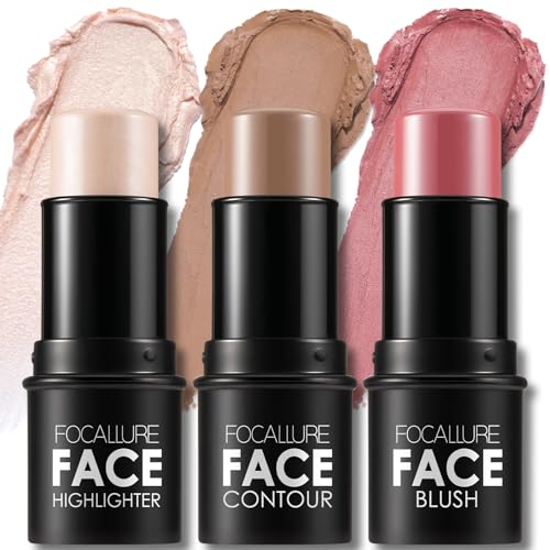 FOCALLURE 3Pcs Cream Contour Blush Highlighter Stick Set Light-Medium 06+10+17