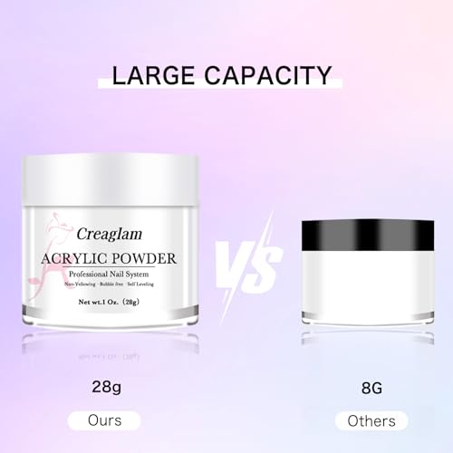 Creaglam 3-Color Acrylic Nail Kit (Clear/Nude/White) with 60ml Liquid & 28g Powder | Beginner Friendly Gel Glue & Nail Forms