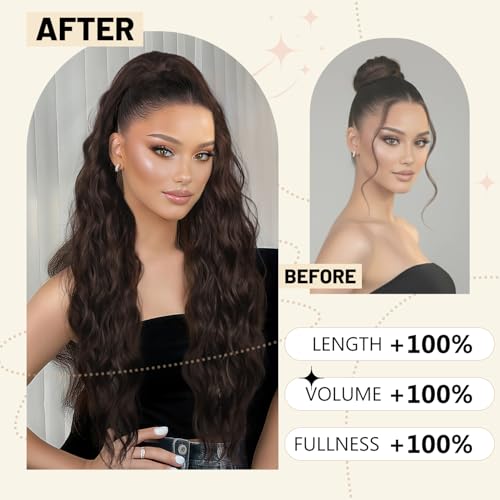 LEEONS 26 Inch Black Wavy Drawstring Ponytail Extension for Women