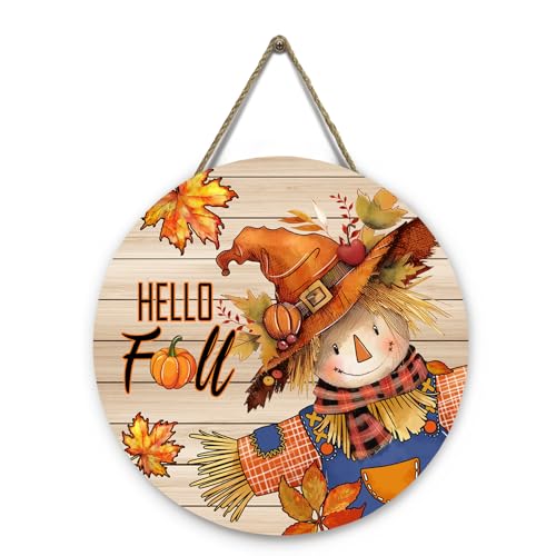 Hello Fall Scarecrow Wooden Door Sign - Autumn Decor 12x12