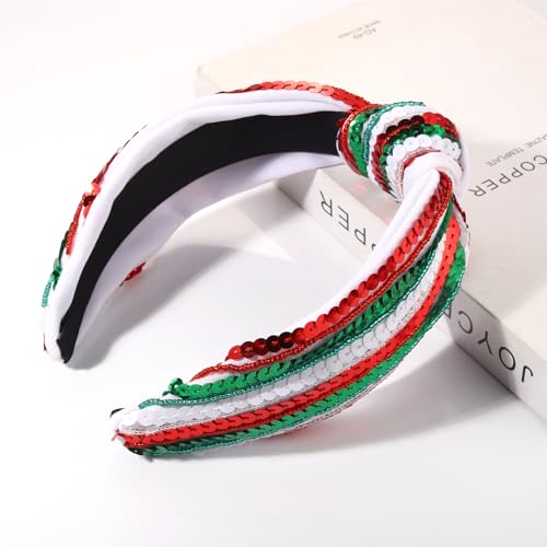 Christmas Sequin Headband for Women - Red, Green, White Holiday Top Knot Accessory