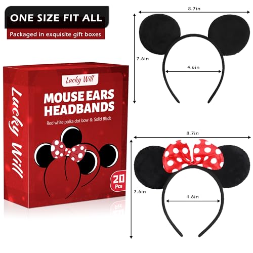 Lucky Will 20 Pack Mouse Ears Headbands with Red Bow - Kids & Adults