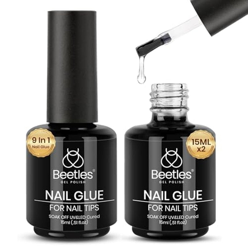 Beetles Gel Polish 9 in 1 Gel Nail Glue for Clear Acrylic Nail Tips 2 Pcs 15ml Long Lasting Nail Gel Kit for False Nails Tips, Base Blooming Nail Gel, U V Light Required, Gift for Women