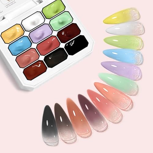 Woobena 12 Colors Gradient Nail Gel Kit with Sponge - No Wipe UV/LED Curing, Floral & Blush Art