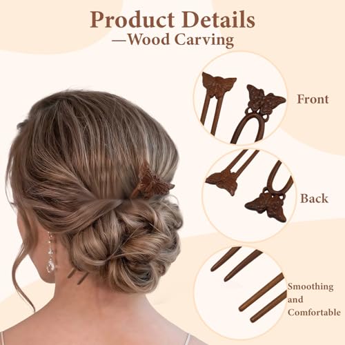 CUBACO Vivid Butterfly Wooden Hair Sticks for Elegant Updos - Handmade French Twist Hair Pins for Long Thick Hair Women