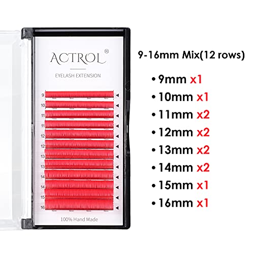 ACTROL Red Easy Fan Lash Extensions 0.07mm D Curl 9-16mm Mixed Length Tray