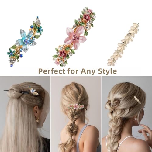 Vintage Flower Hair Clips Set - 3PCS Rhinestone Enamel Barrettes for Women