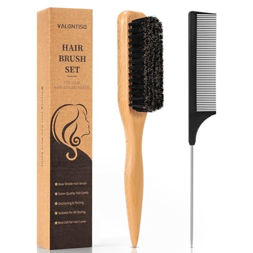 VALENTISE Boar Bristle Hair Brush Set with Tail Comb