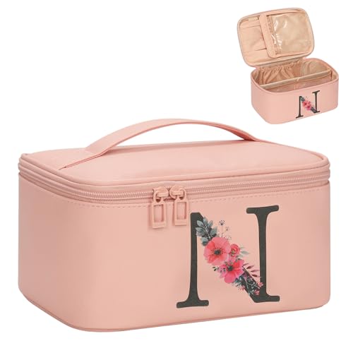 Personalized Initial Makeup Bag - Pink Travel Organizer with Brush Holder