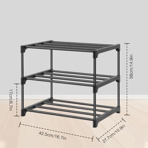 HITHIM 3-Tier Narrow Black Shoe Rack - Stackable Organizer for Small Spaces