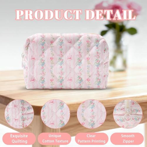 Quilted Floral Makeup Bag - Pink Cotton Cosmetic Pouch for Women