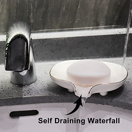 Ceramic Self-Draining Soap Dish with Gold Edge for Bathrooms & Kitchens