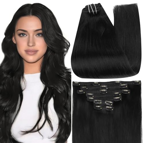 Full Shine Black Clip in Hair Extensions 24 Inch Remy Hair Extensions Clip ins Human Hair Jet Black Natural Hair Clip in Extensions for Long Hair 7 Pieces 120g