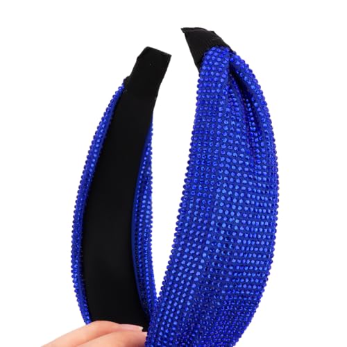Royal Blue Rhinestone Knotted Headband for Women - Non-Slip Wide Hair Band