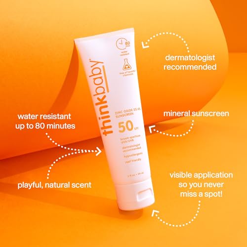 Thinkbaby SPF 50+ Baby Sunscreen, 3 Oz. ? Safe, Natural Mineral Sun Cream for Babies - Water Resistant, Broad Spectrum UVA/UVB Sun Protection ? Vegan Sunscreen for Kids