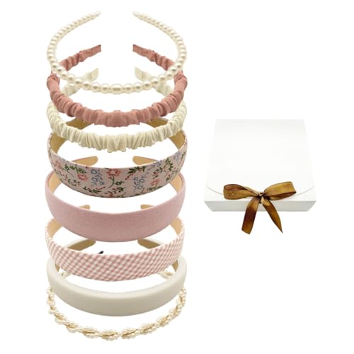 STANETCO Non-Slip Padded Pearl Headbands for Women - Pink, 8-Piece Set
