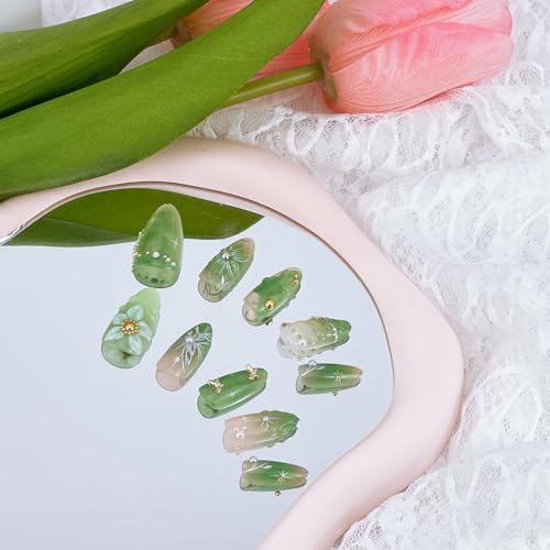 NZRAESTRS 3D Flower Nails - Green Almond Press-On Nails 30pc with 3D Beads, Butterfly & Pearl Decoration (Variation: 3D Flower Nails-2)