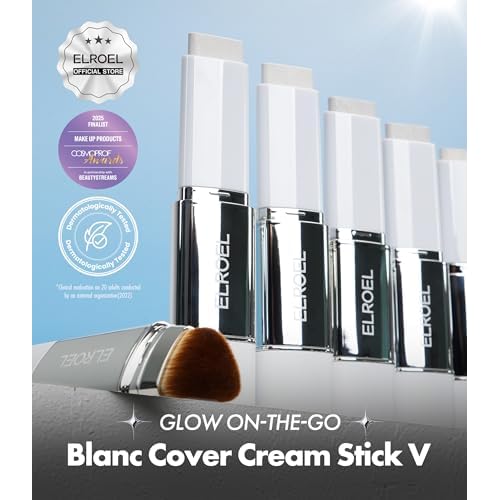 ELROEL Blanc Cover Cream Stick V White - Korean Color-Changing Foundation Stick with Volufiline - Medium to Full Coverage Dewy Finish Base Makeup - Dual-Ended with Detachable Brush (202 Natural)