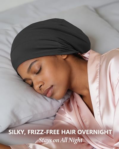 ROYBENS Medium Black 100% Mulberry Silk Sleeping Bonnet for Hair Care