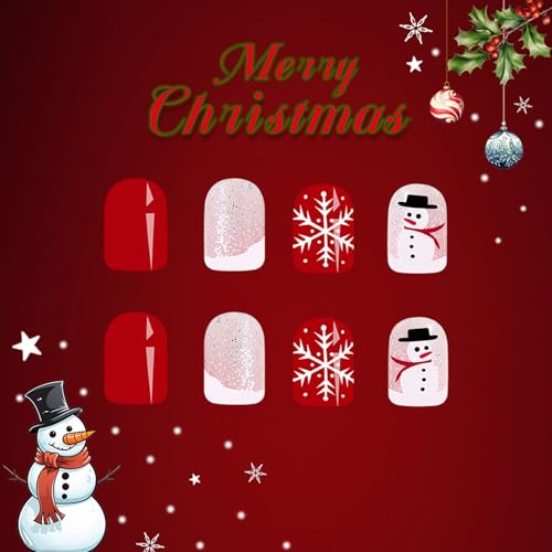 MAOTTIE Christmas Press On Nails Snowflake Glitter Snowman Short Square Fake Nails Red Xmas 24Pcs