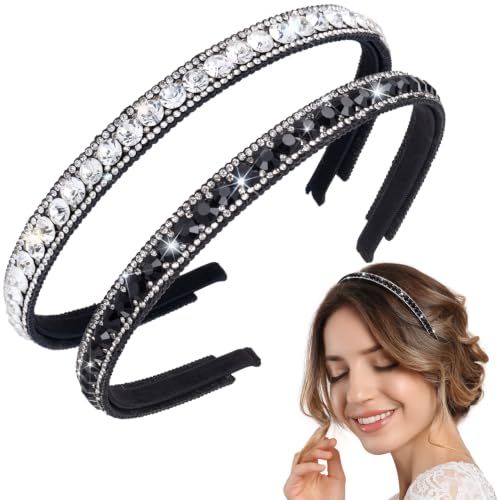 HINZIC 2 Pack Rhinestone Headbands for Women - Black & Silver Non-Slip Hair Accessories