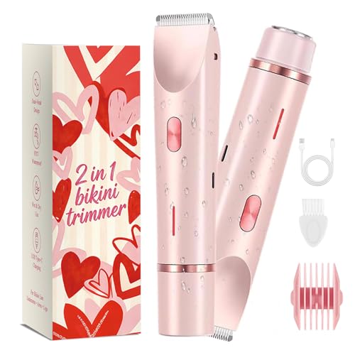 Bikini Trimmer for Women,2 in 1 Dual Head Bikini Shaver & Body Shaver,Cordless & Waterproof Electric Razor for Women, Painless Hair Removal with Silky Glow Finish,Pink