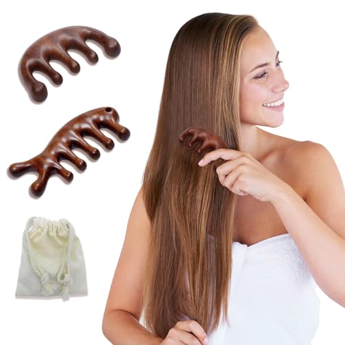 Wooden Scalp Massager Comb Set - 2 Pack Sandalwood Gua Sha Tools