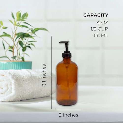 4oz Amber Glass Pump Bottles (4-Pack) - Boston Round Soap Dispenser