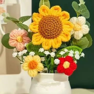 Handmade Crochet Sunflower Potted Plants - 4 Pack Floral Decor