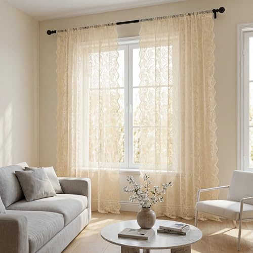 Beige Lace Curtains Set of 2 | 55x84in Floral Victorian Design