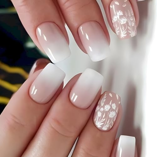 White Gradient Press-On Nails with Flower Design - 24 Pieces
