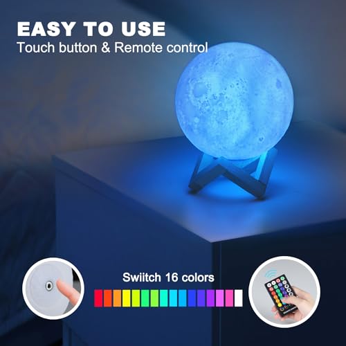 GROPINFLY 3D Moon Lamp with 16 Colors - Remote & Touch Control Night Light