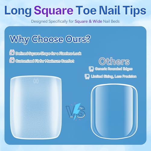 AMilHiTon Thickening Square Toe Nail Tips - 300PCS Full Cover for Wide Long Nails, Matte Pre-Shaped Toenails, 15 Sizes, Home DIY Pedicure, Listing: ThickeningSquareTOE-300