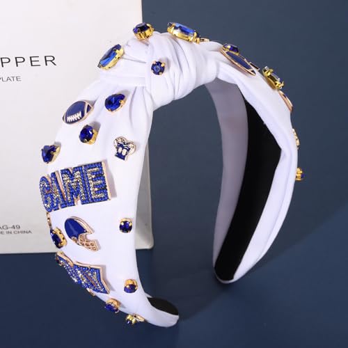 CEALXHENY White Blue Football Headband for Women Game Day Beaded Rhinestones