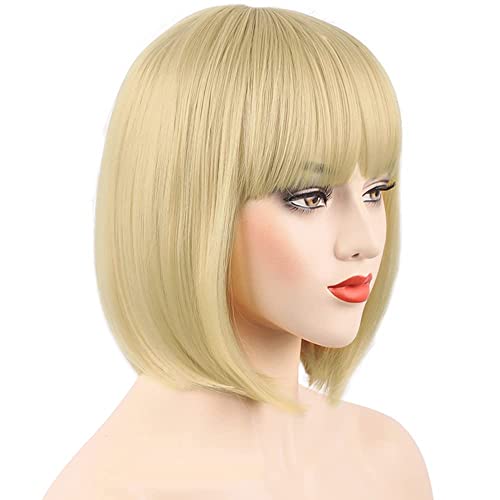 MOSINA 12 Inch Blonde Bob Wig with Bangs - Short Straight Synthetic Hair for Women