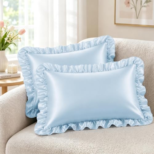 SiinvdaBZX Baby Blue Ruffled Satin Pillowcase Set of 2 | 20x26 Inch