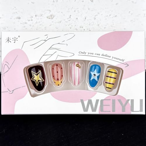Medium Almond Press-On Nails with Colorful Polka Dots & Stars - 24 Pcs
