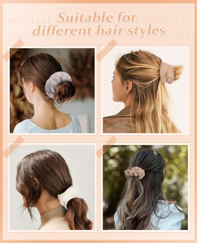 Khaki 5 Pack Furry Scrunchies Elastic Hair Ties for Women & Girls