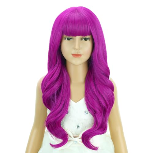 Kids Long Wavy Rose Purple Wig with Bangs - 22-Inch Synthetic Curly Hair
