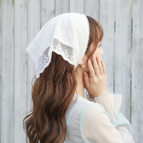 White Lace Head Scarf for Women - Adjustable Bohemian Bandana