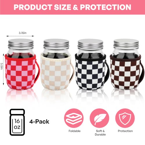 Mason Jar Sleeves - 4 Pack Neoprene Drink Holders with Handle