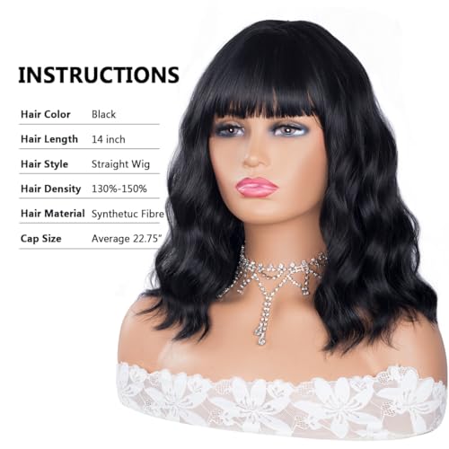 ITTAYLER Short Black Wavy Bob Wig with Bangs - Synthetic Curly 14 Inch Cosplay & Halloween Style