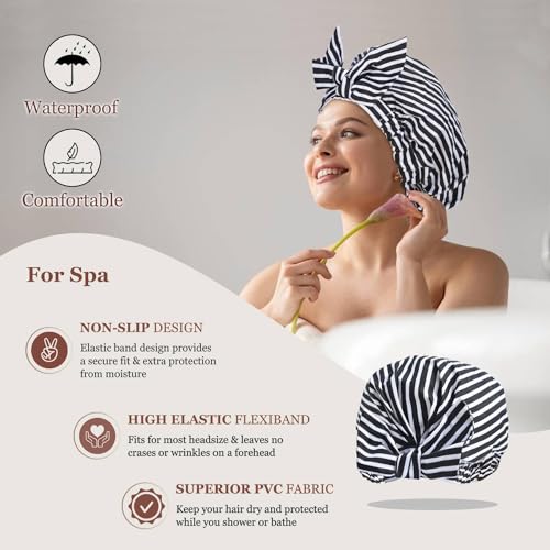 Luvruitaky Black Stripe Luxury Shower Cap for Women - Reusable Waterproof Hair Bath Cap with Adjustable Bowknot