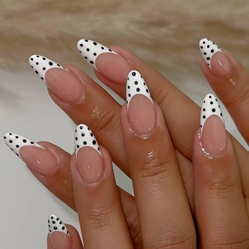 Black Polka Dot French Tip Press-On Nails - 24 Pcs Set