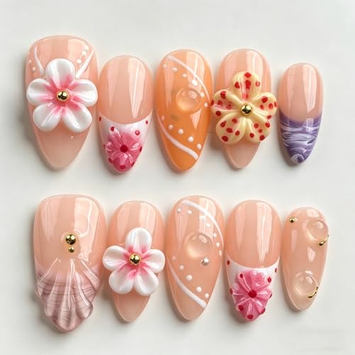 3D Floral Almond Press on Nails - Medium Length French Tip Style 3