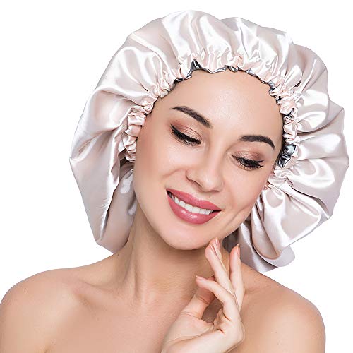 X-Large Silky Sleep Cap for Frizzy Hair - Adjustable Satin Bonnet, Reversible Champagne/Grey